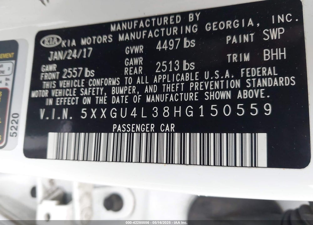 2017 KIA OPTIMA VIN: 5XXGU4L38HG150559