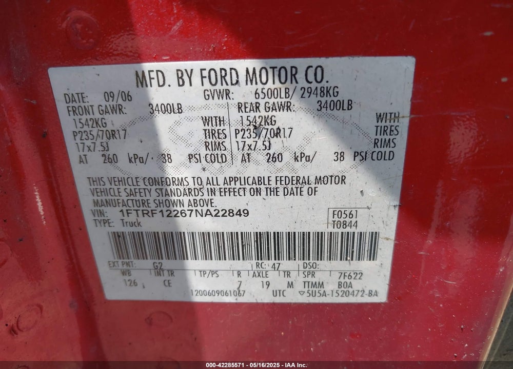 2007 FORD F-150 STX/XL/XLT VIN: 1FTRF12267NA22849