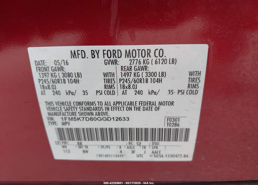 2016 FORD EXPLORER VIN: 1FM5K7D80GGD12633