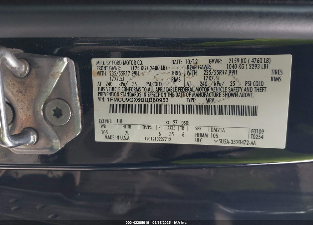 2013 FORD ESCAPE VIN: 1FMCU9GX6DUB60953