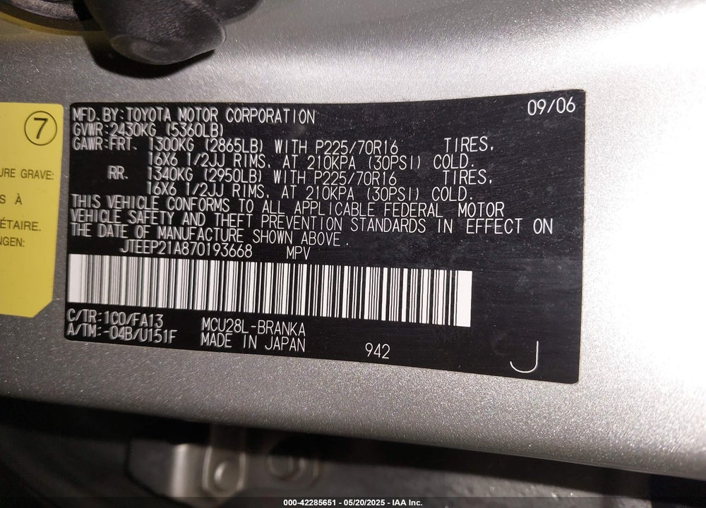 2007 TOYOTA HIGHLANDER VIN: JTEEP21A870193668