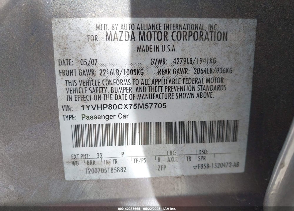 2007 MAZDA 6 I SPORT VE VIN: 1YVHP80CX75M57705
