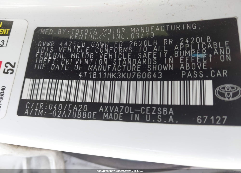 2019 TOYOTA CAMRY VIN: 4T1B11HK3KU760643