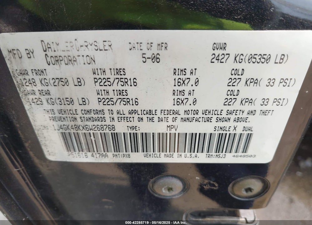 2006 JEEP LIBERTY SPORT VIN: 1J4GK48KX6W268768