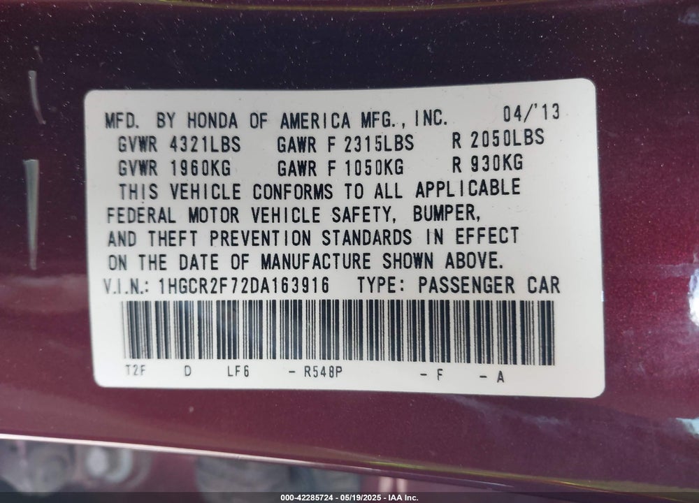 2013 HONDA ACCORD VIN: 1HGCR2F72DA163916