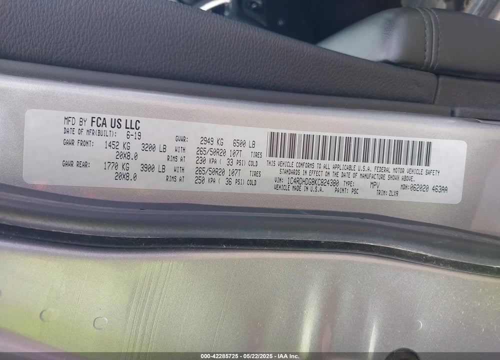 2019 DODGE DURANGO VIN: 1C4RDHDG8KC824380