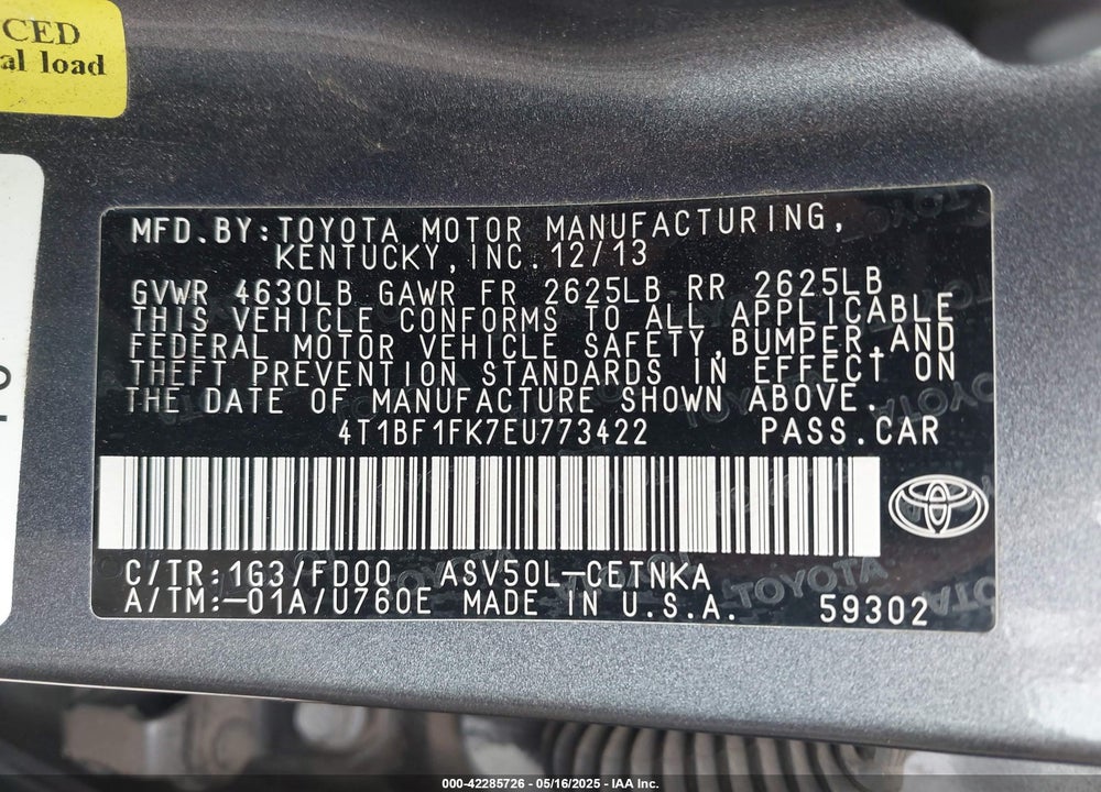 2014 TOYOTA CAMRY LE VIN: 4T1BF1FK7EU773422