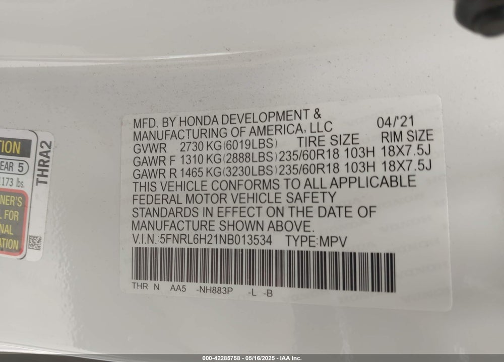 2022 HONDA ODYSSEY VIN: 5FNRL6H21NB013534