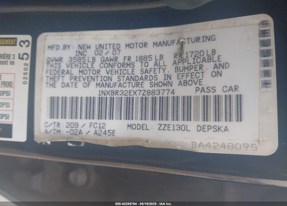 2007 TOYOTA COROLLA VIN: 1NXBR32EX7Z883774