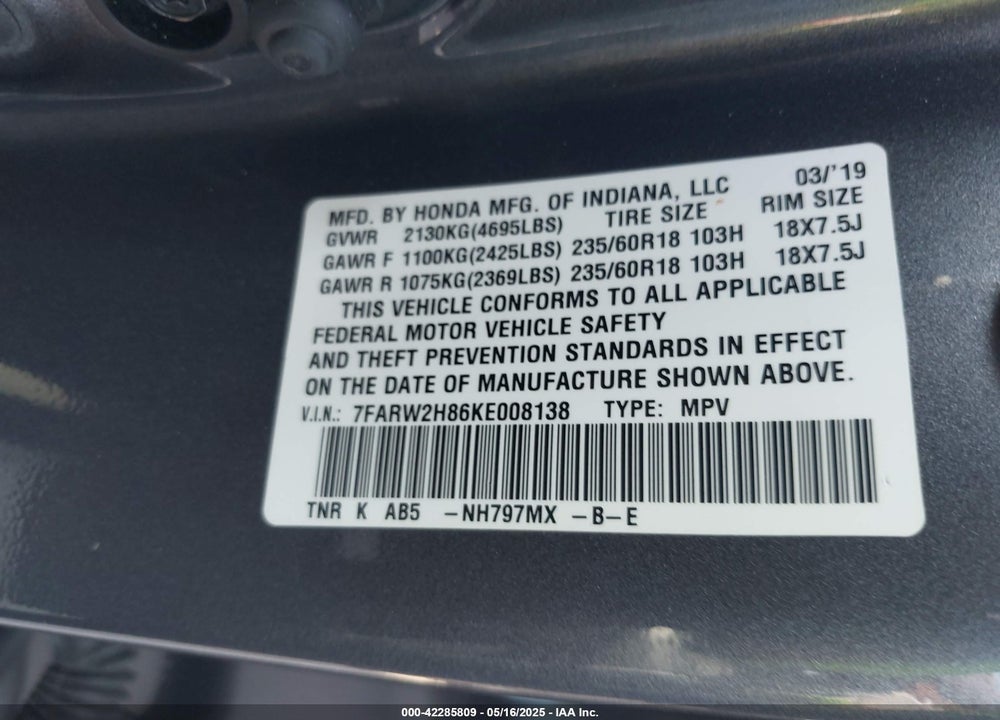 2019 HONDA CR-V VIN: 7FARW2H86KE008138