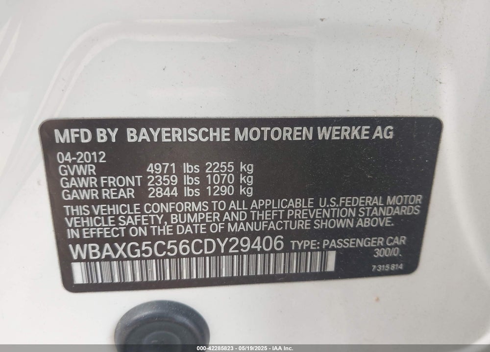 2012 BMW 5 SERIES VIN: WBAXG5C56CDY29406