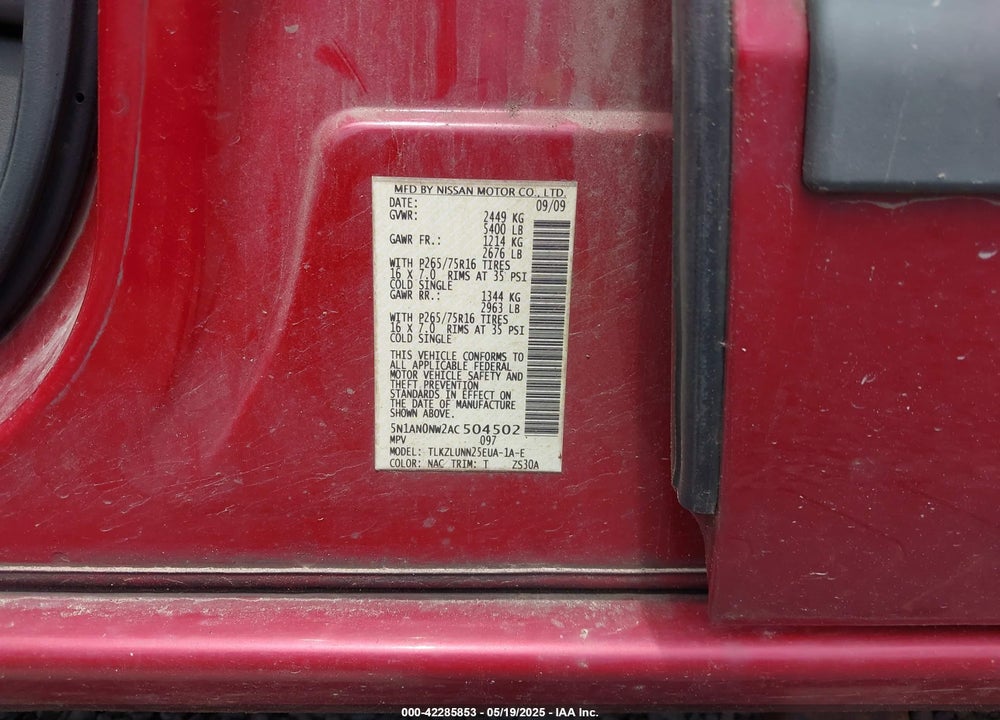 2010 NISSAN XTERRA VIN: 5N1AN0NW2AC504502