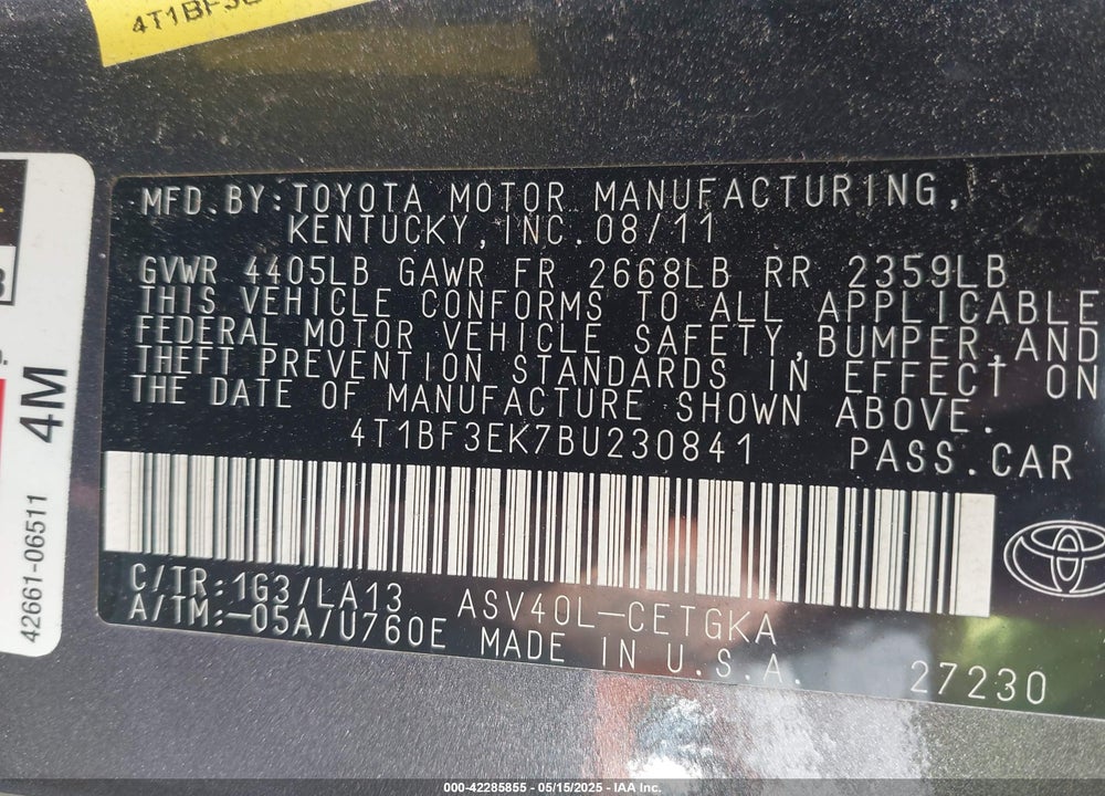 2011 TOYOTA CAMRY XLE VIN: 4T1BF3EK7BU230841