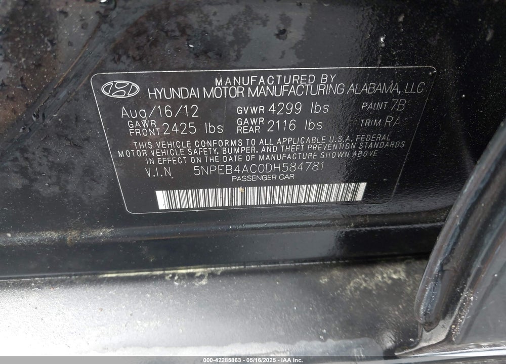 2013 HYUNDAI SONATA VIN: 5NPEB4AC0DH584781