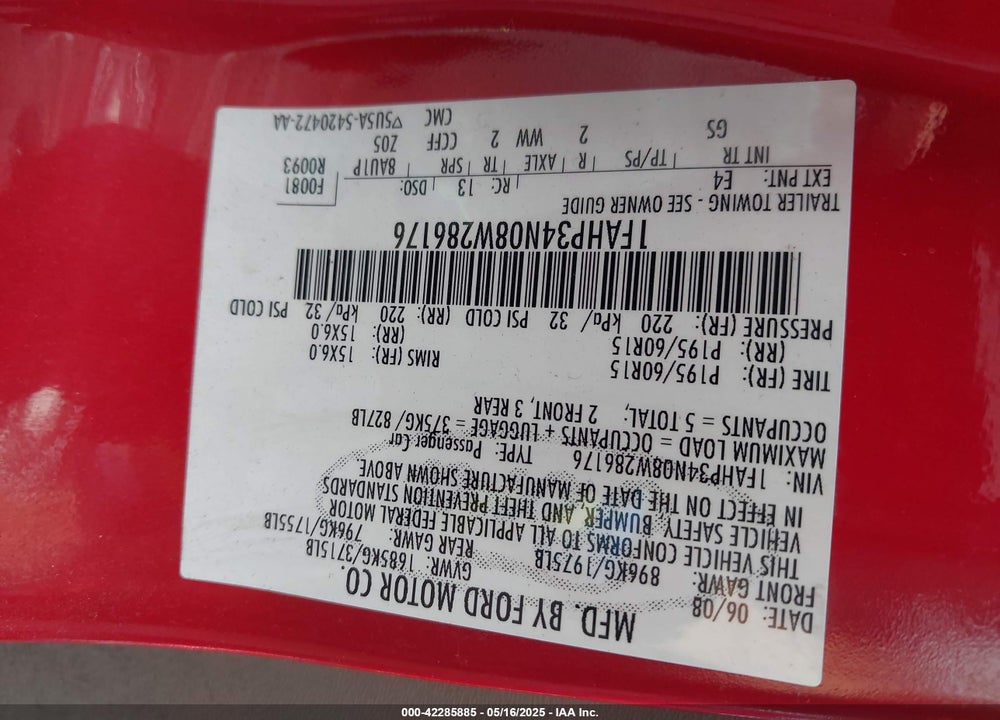 2008 FORD FOCUS VIN: 1FAHP34N08W286176
