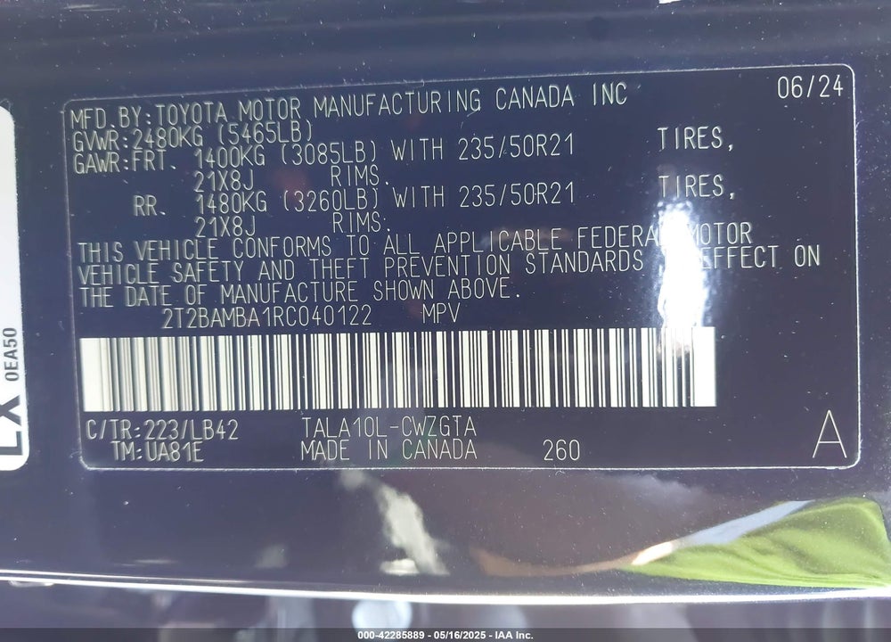 2024 LEXUS RX350 VIN: 2T2BAMBA1RC040122