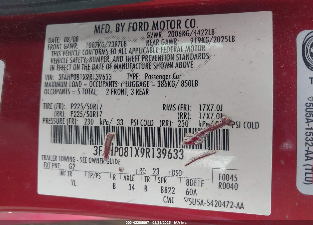 2009 FORD FUSION VIN: 3FAHP081X9R139633