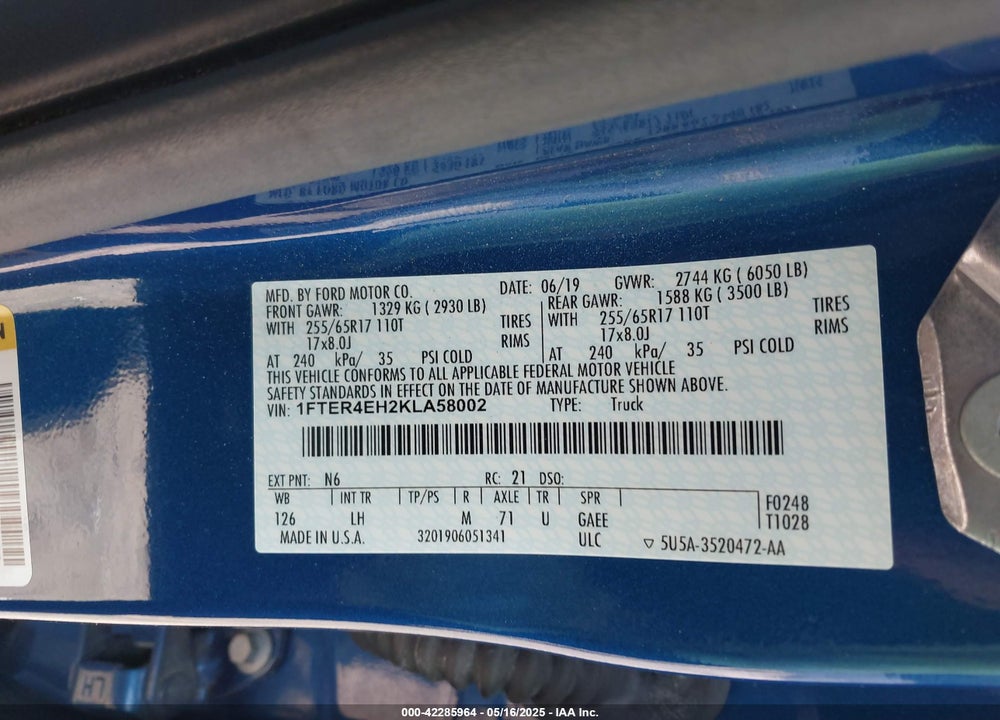 2019 FORD RANGER VIN: 1FTER4EH2KLA58002