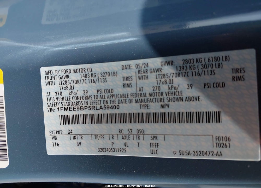 2024 FORD BRONCO BADLANDS VIN: 1FMEE9BP5RLA59400
