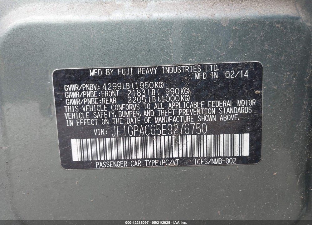 2014 SUBARU IMPREZA 2.0I PREMIUM VIN: JF1GPAC65E9276750