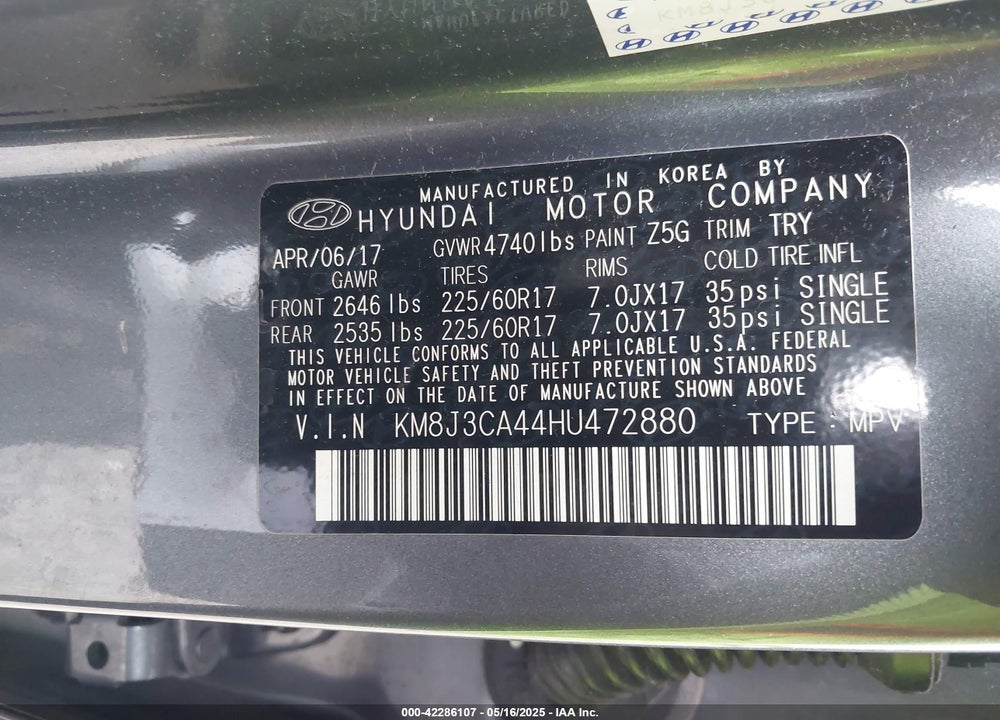 2017 HYUNDAI TUCSON SE PLUS VIN: KM8J3CA44HU472880