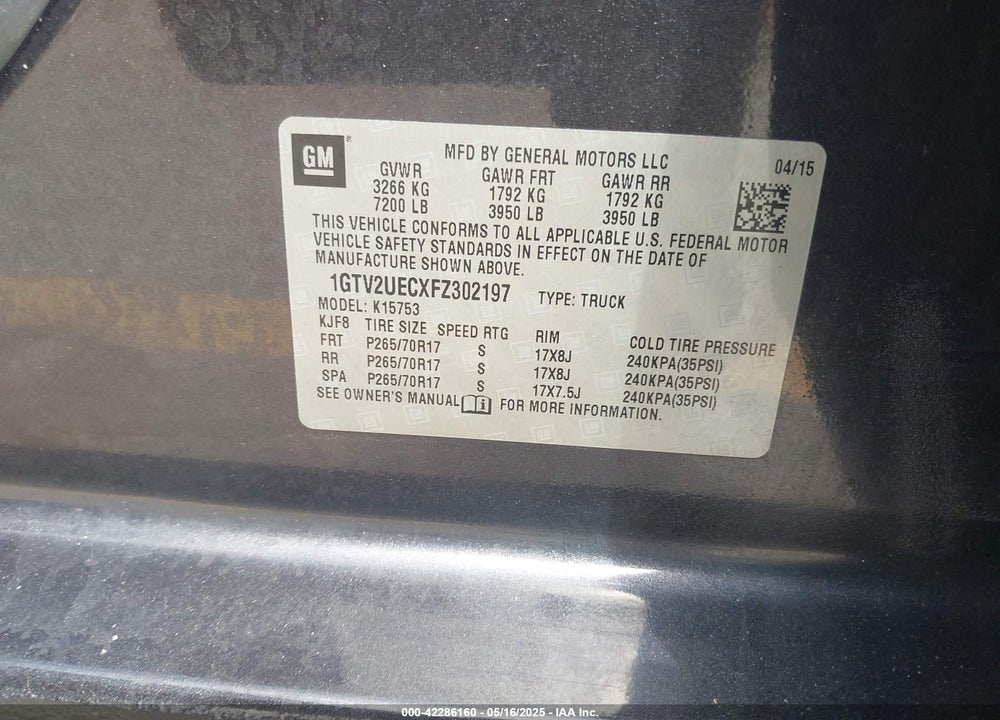 2015 GMC SIERRA 1500 VIN: 1GTV2UECXFZ302197