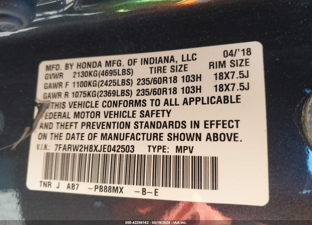 2018 HONDA CR-V VIN: 7FARW2H8XJE042503