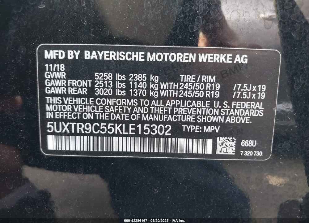 2019 BMW X3 XDRIVE30I VIN: 5UXTR9C55KLE15302