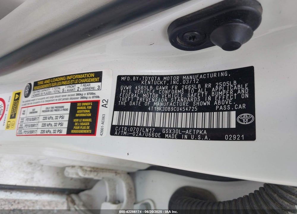 2012 TOYOTA AVALON VIN: 4T1BK3DB9CU454725