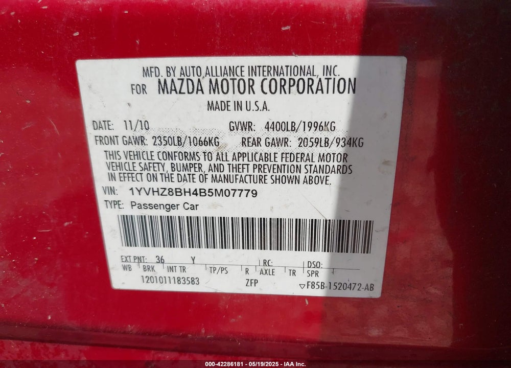 2011 MAZDA 6 I SPORT VIN: 1YVHZ8BH4B5M07779