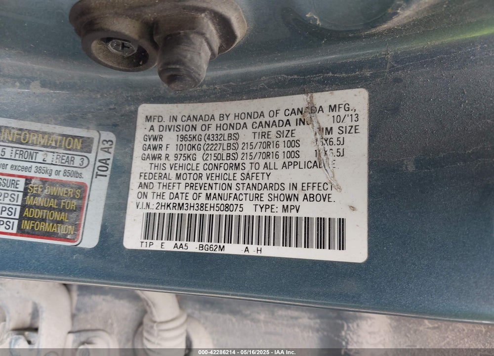 2014 HONDA CR-V VIN: 2HKRM3H38EH508075