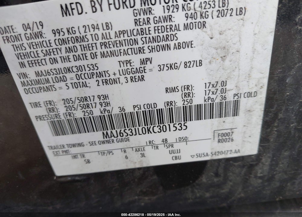 2019 FORD ECOSPORT VIN: MAJ6S3JL0KC301535
