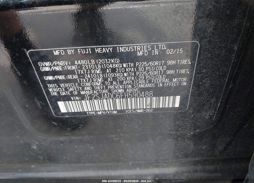 2015 SUBARU FORESTER VIN: JF2SJADC6FH590488