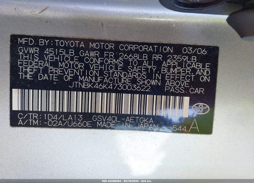 2007 TOYOTA CAMRY XLE V6 VIN: JTNBK46K473003622