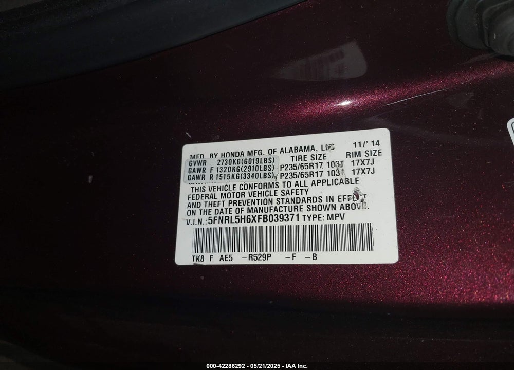 2015 HONDA ODYSSEY EX-L VIN: 5FNRL5H6XFB039371