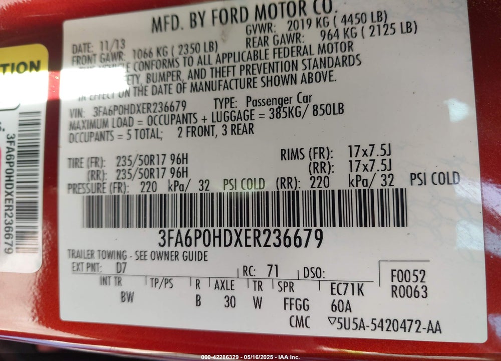 2014 FORD FUSION VIN: 3FA6P0HDXER236679
