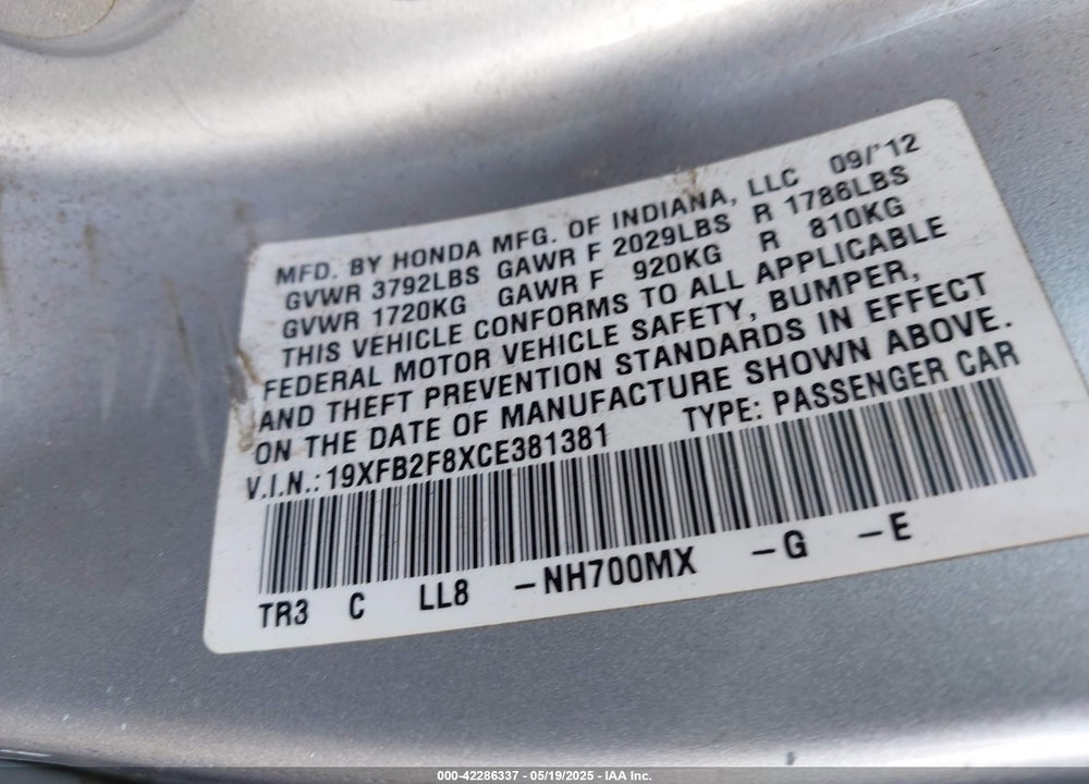 2012 HONDA CIVIC EX VIN: 19XFB2F8XCE381381