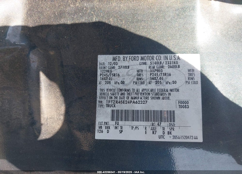 2004 FORD RANGER EDGE/TREMOR/XLT VIN: 1FTZR45E24PA62327