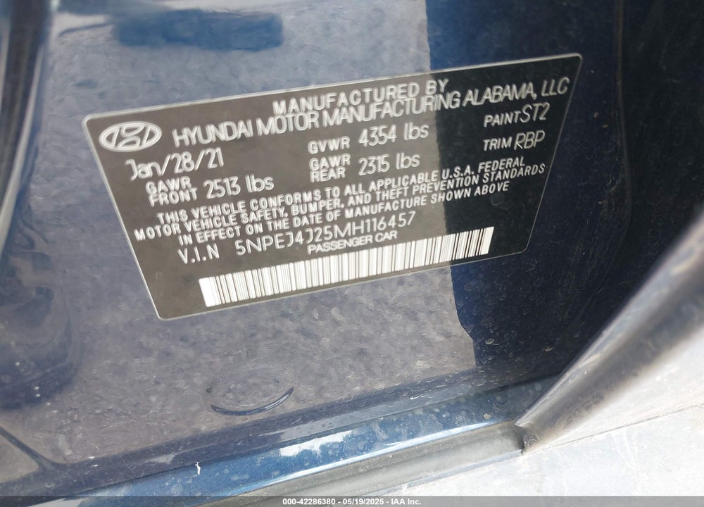 2021 HYUNDAI SONATA VIN: 5NPEJ4J25MH116457
