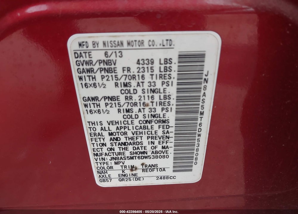 2013 NISSAN ROGUE VIN: JN8AS5MT6DW538080