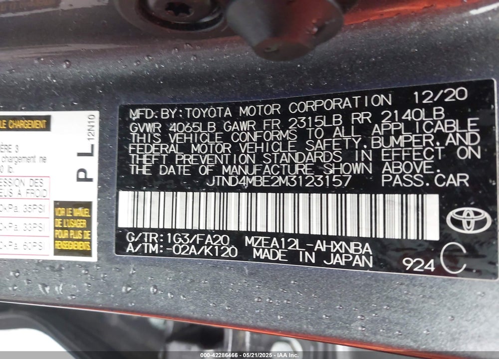 2021 TOYOTA COROLLA VIN: JTND4MBE2M3123157