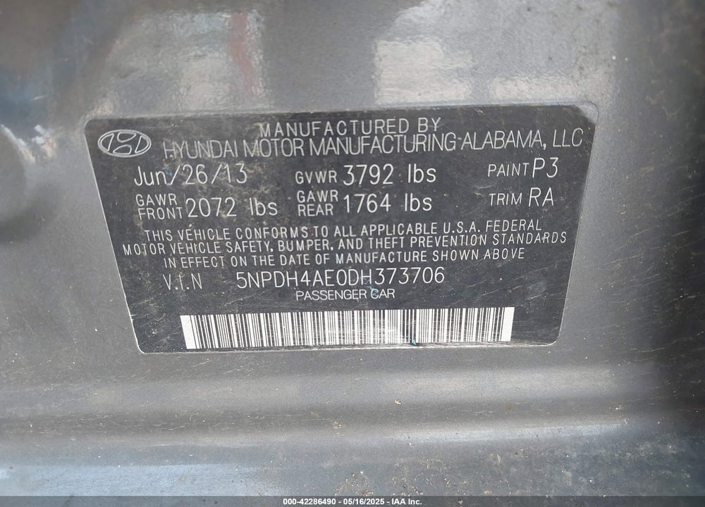 2013 HYUNDAI ELANTRA GLS VIN: 5NPDH4AE0DH373706