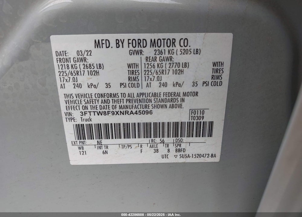 2022 FORD MAVERICK LARIAT VIN: 3FTTW8F9XNRA45096