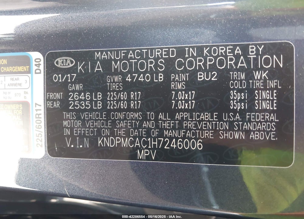 2017 KIA SPORTAGE VIN: KNDPMCAC1H7246006