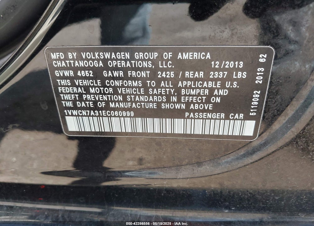 2014 VOLKSWAGEN PASSAT VIN: 1VWCN7A31EC060999