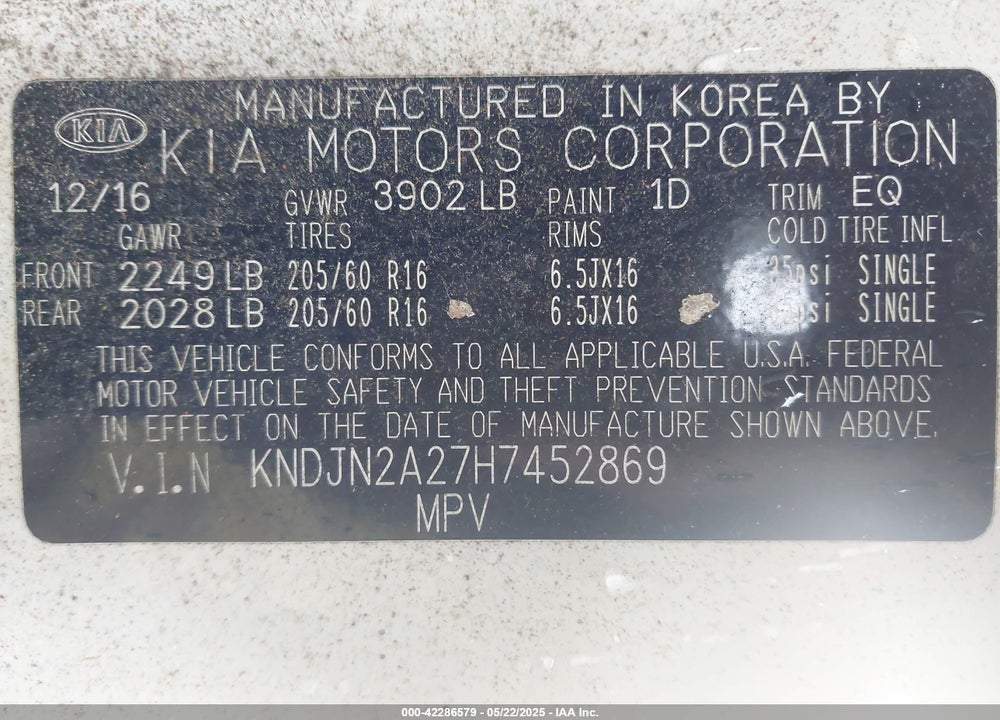 2017 KIA SOUL VIN: KNDJN2A27H7452869