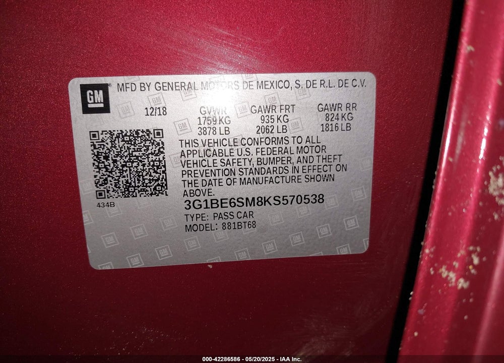 2019 CHEVROLET CRUZE LT VIN: 3G1BE6SM8KS570538