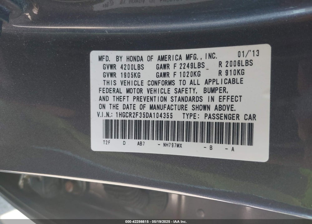 2013 HONDA ACCORD VIN: 1HGCR2F35DA104355