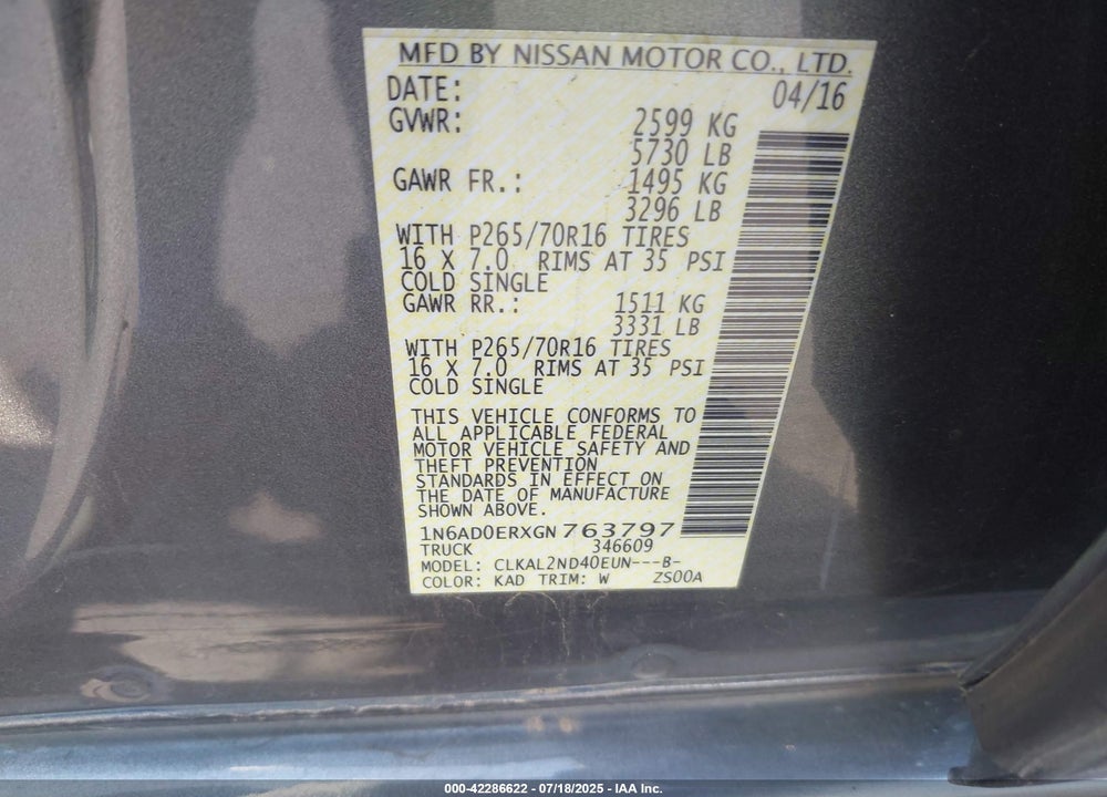 2016 NISSAN FRONTIER VIN: 1N6AD0ERXGN763797