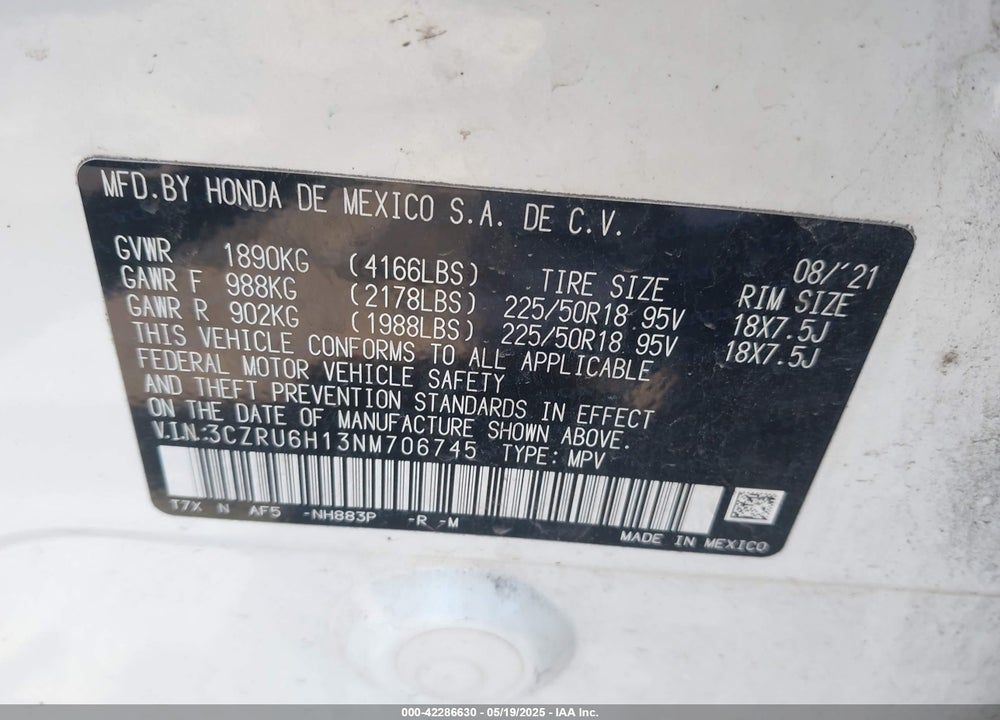 2022 HONDA HR-V AWD SPORT VIN: 3CZRU6H13NM706745